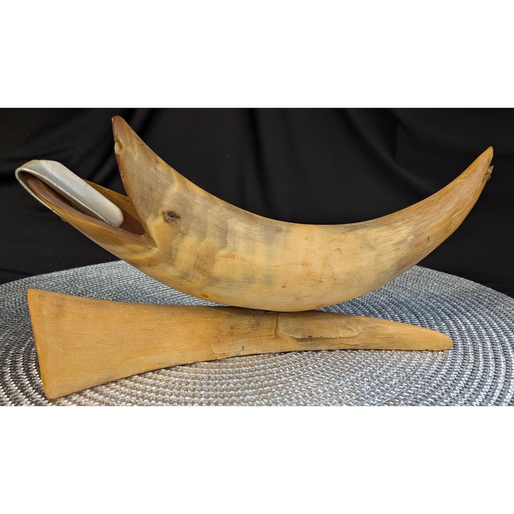 Vintage Carved Steer Horn Fish Cigar Rest Ashtray Folk Art Tobacciana Desk Decor